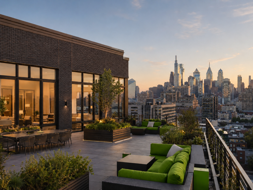 Rooftop terrace at sunset with cityscape